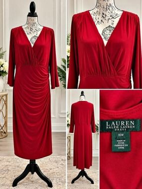 Lauren Ralph Lauren Red Ruched Wrap Dress 16W Plus Size